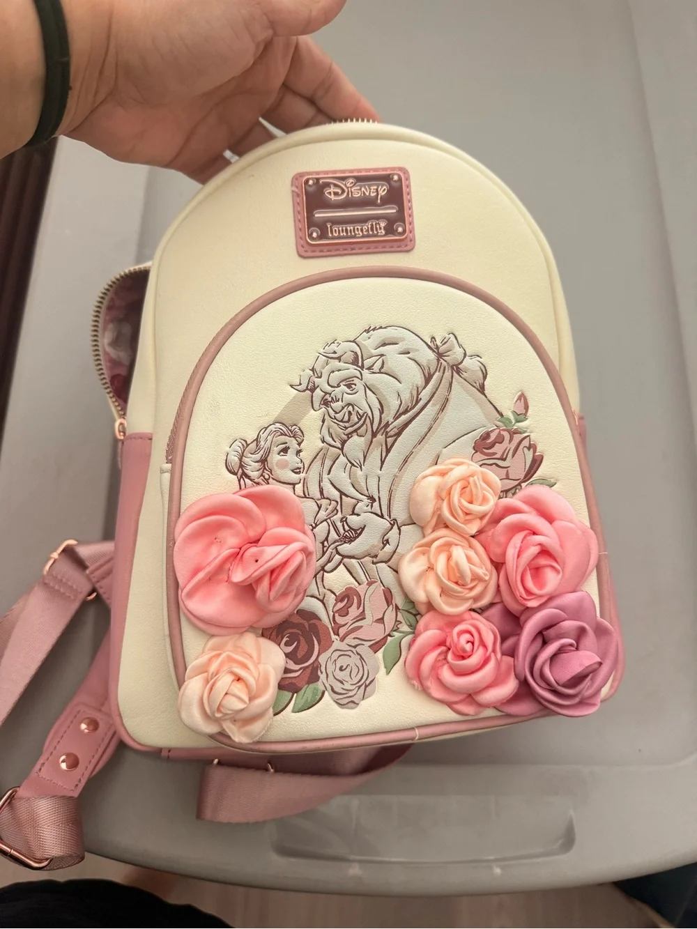 Loungefly Cream and Pink Beauty and the Beast Floral Mini Backpack